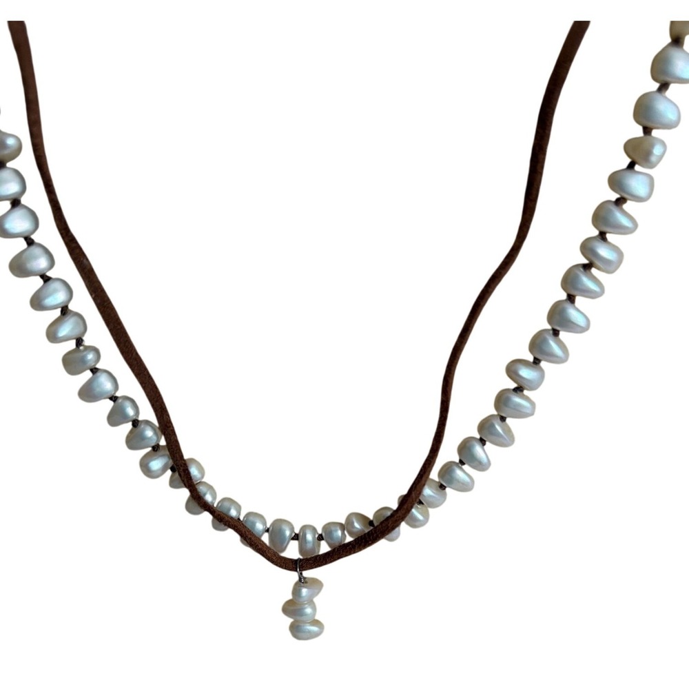 Handmade Freshwater Pearl and Brown Suede Double Strand Layered Necklace Boho